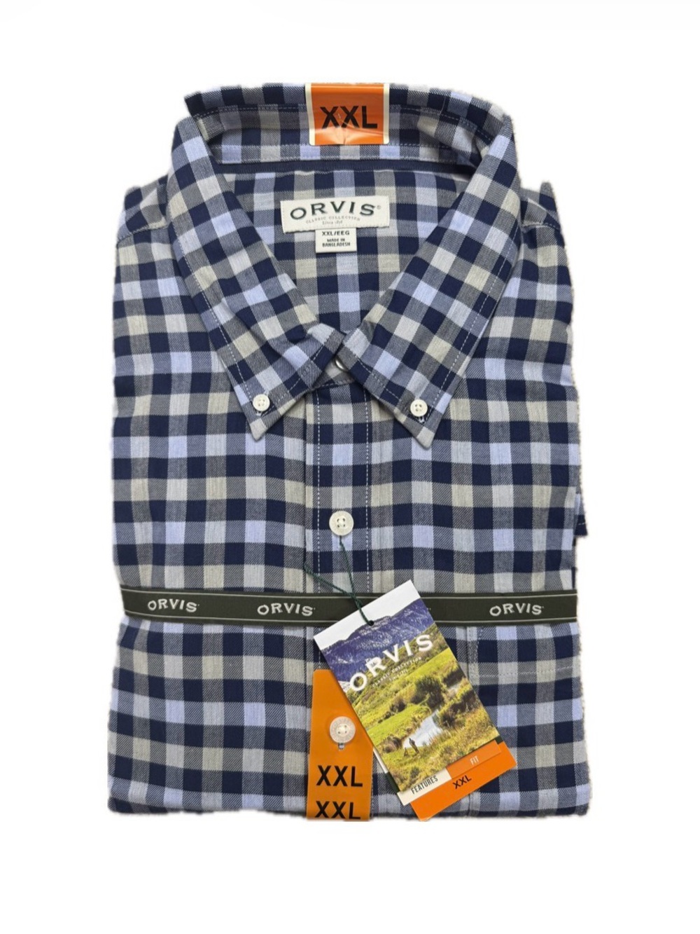 Orvis Men's Skyline Shirt Blue Check Button Up Long Sleeve Cotton Blend XXL NEW
